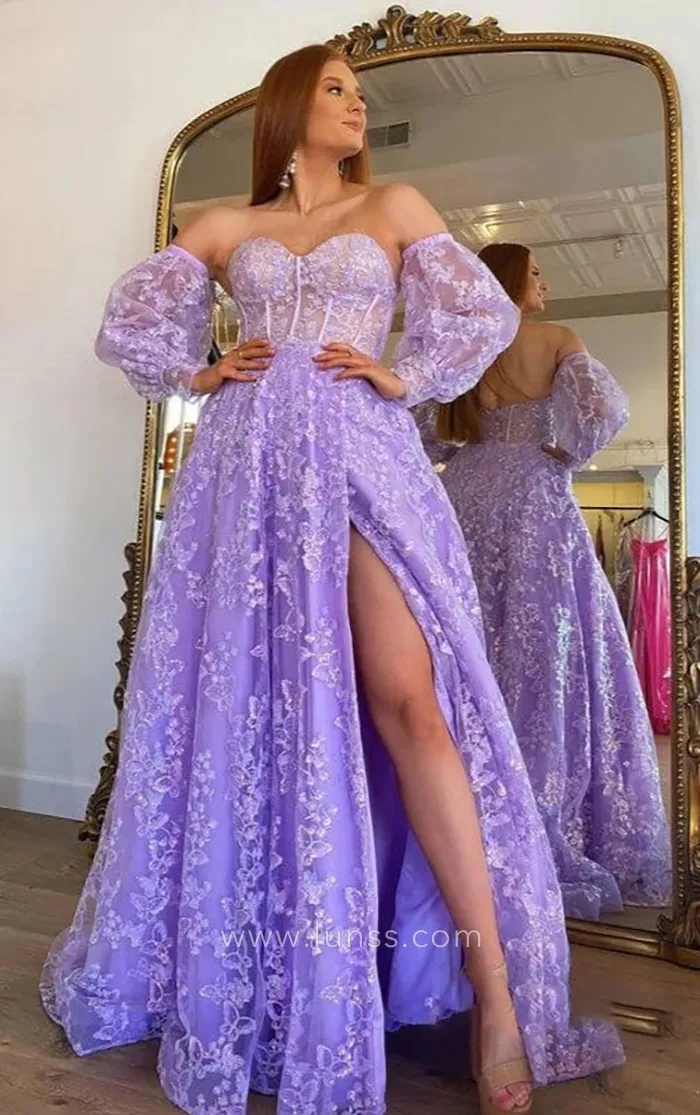 lilac butterfly lace anniversary dress with detachable sheer sleeves