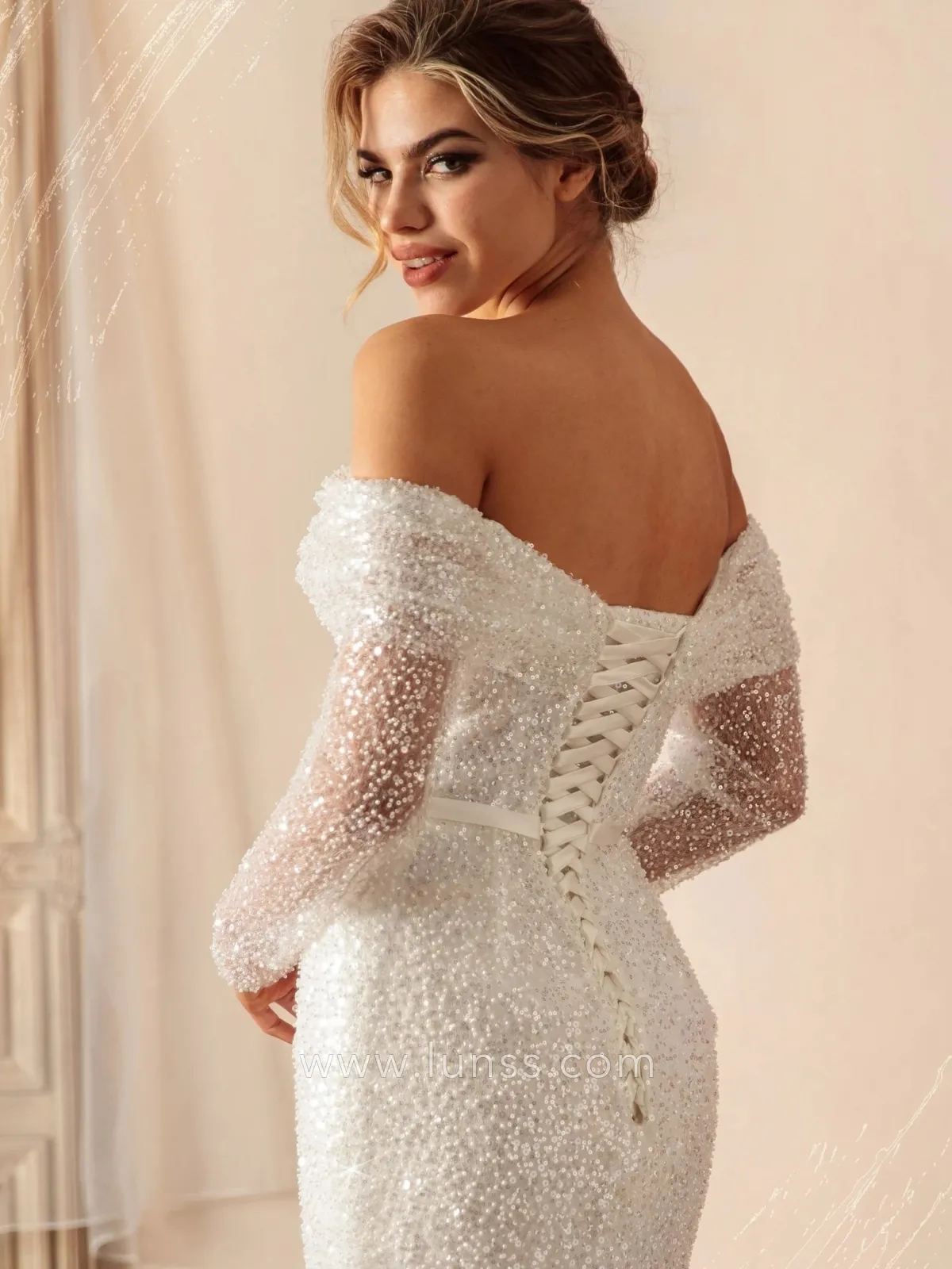 long sleeve beading anniversary dress