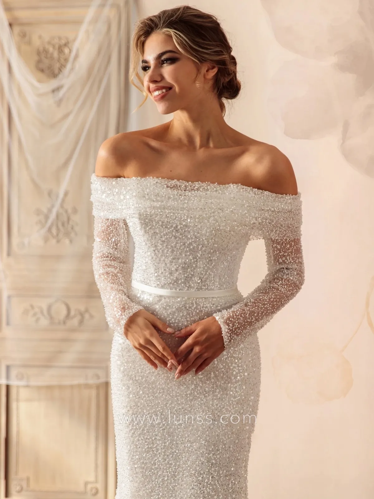 off shoulder sparkling beading formal gown