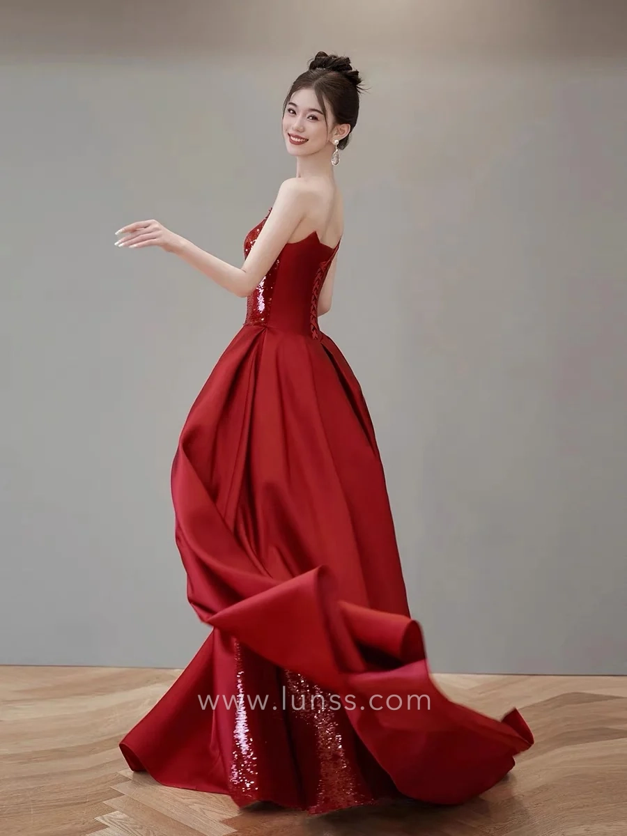 red satin overskirt sequin prom dress