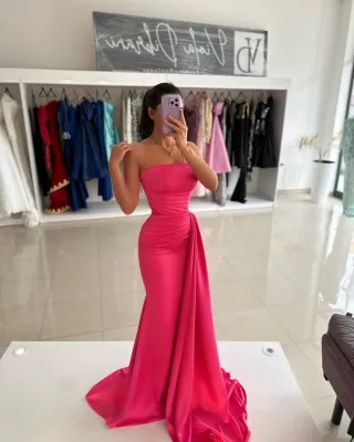 strapless hot pink overskirt train mermaid prom dress
