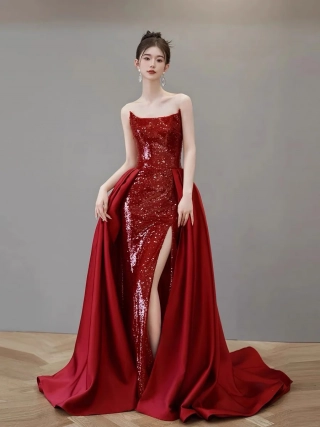strapless red sequin split dress with satin overskirt