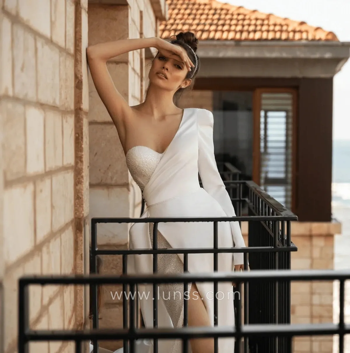 asymmetrical bridal shower dress combined with satin and beading fabrics asymmetrical bridal shower dress combined with satin and beading fabrics
