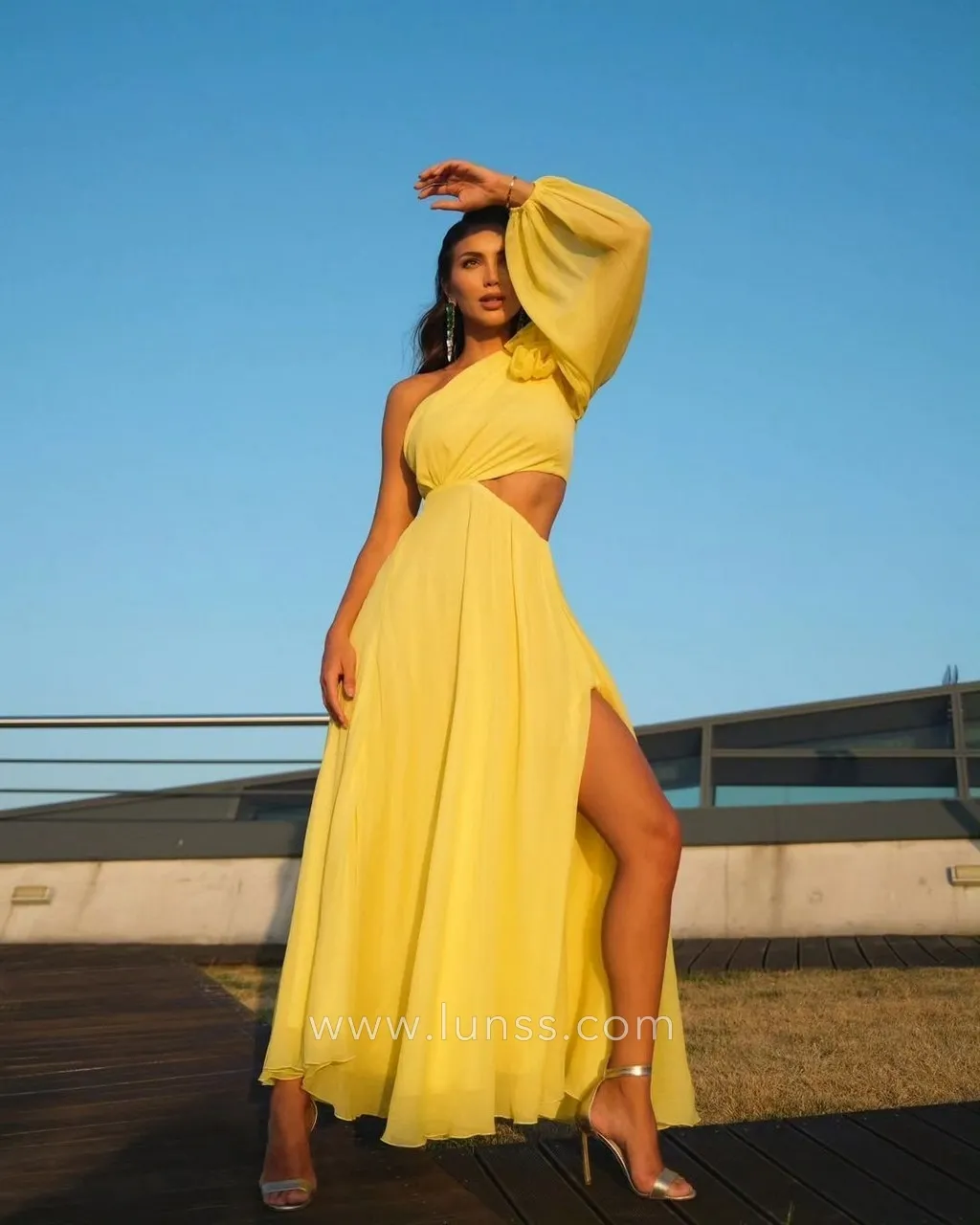 asymmetrical cut out yellow chiffon one sleeve prom dress asymmetrical cut out yellow chiffon one sleeve prom dress