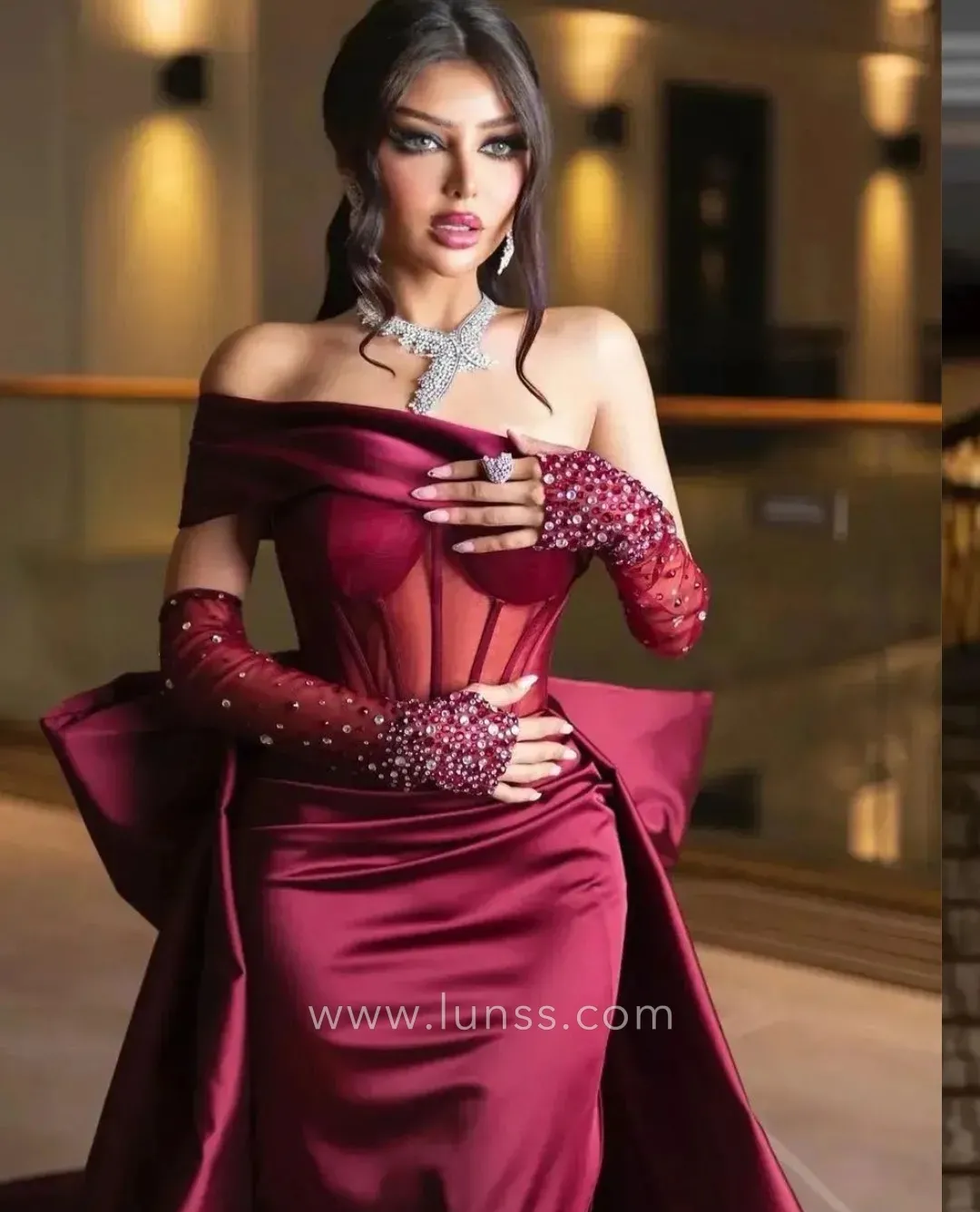 burgundy satin overskirt dream prom dress