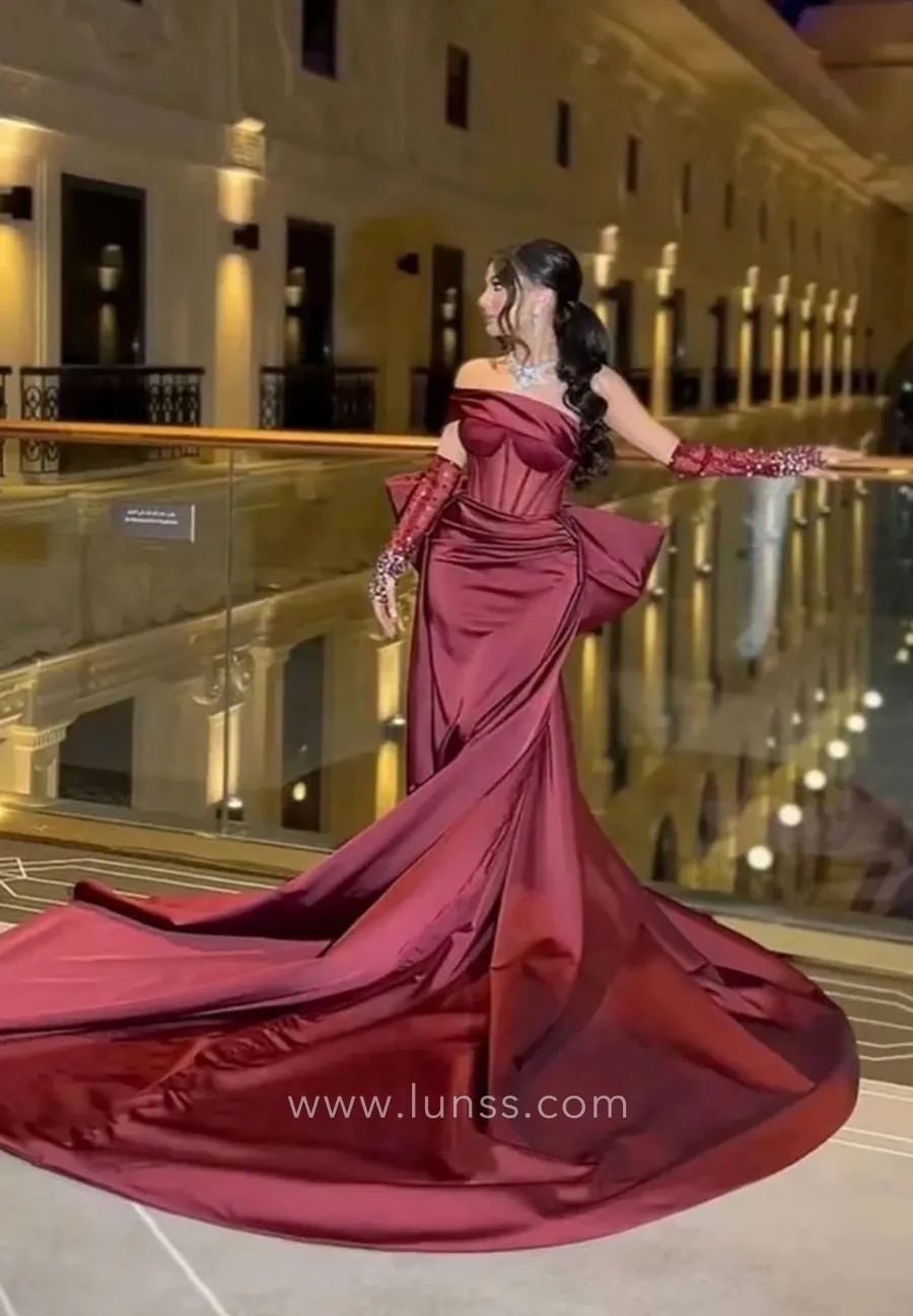 burgundy satin prom dress with long train overskirt