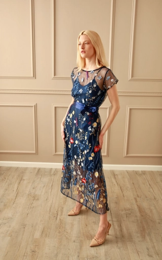floral embroidery navy blue maxi evening dress