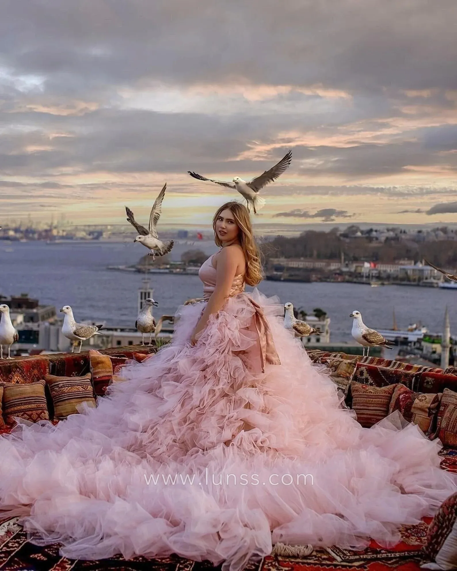 gorgeous ruffled pearl pink tulle flying photoshoot dress