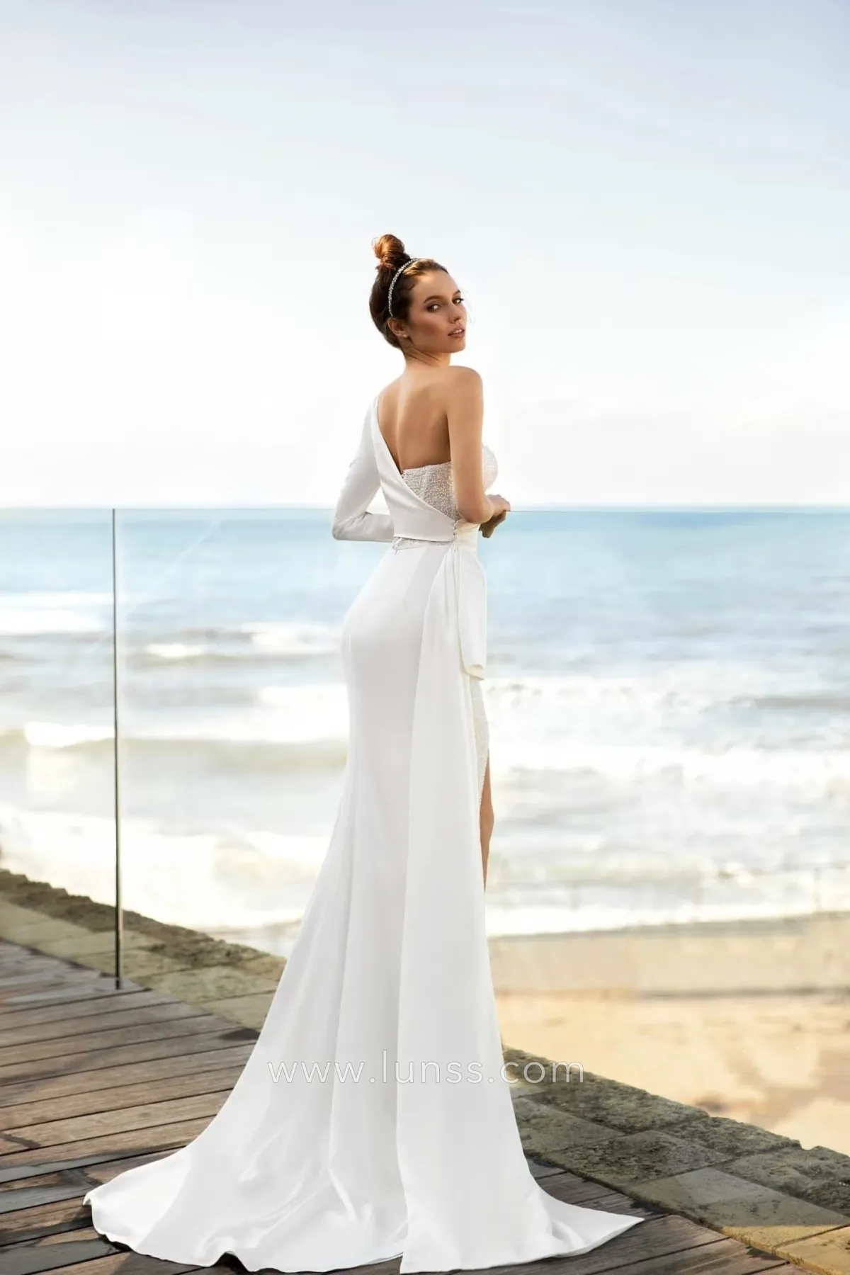 one long sleeve asymmetrical satin and beading bridal shower dress one long sleeve asymmetrical satin and beading bridal shower dress