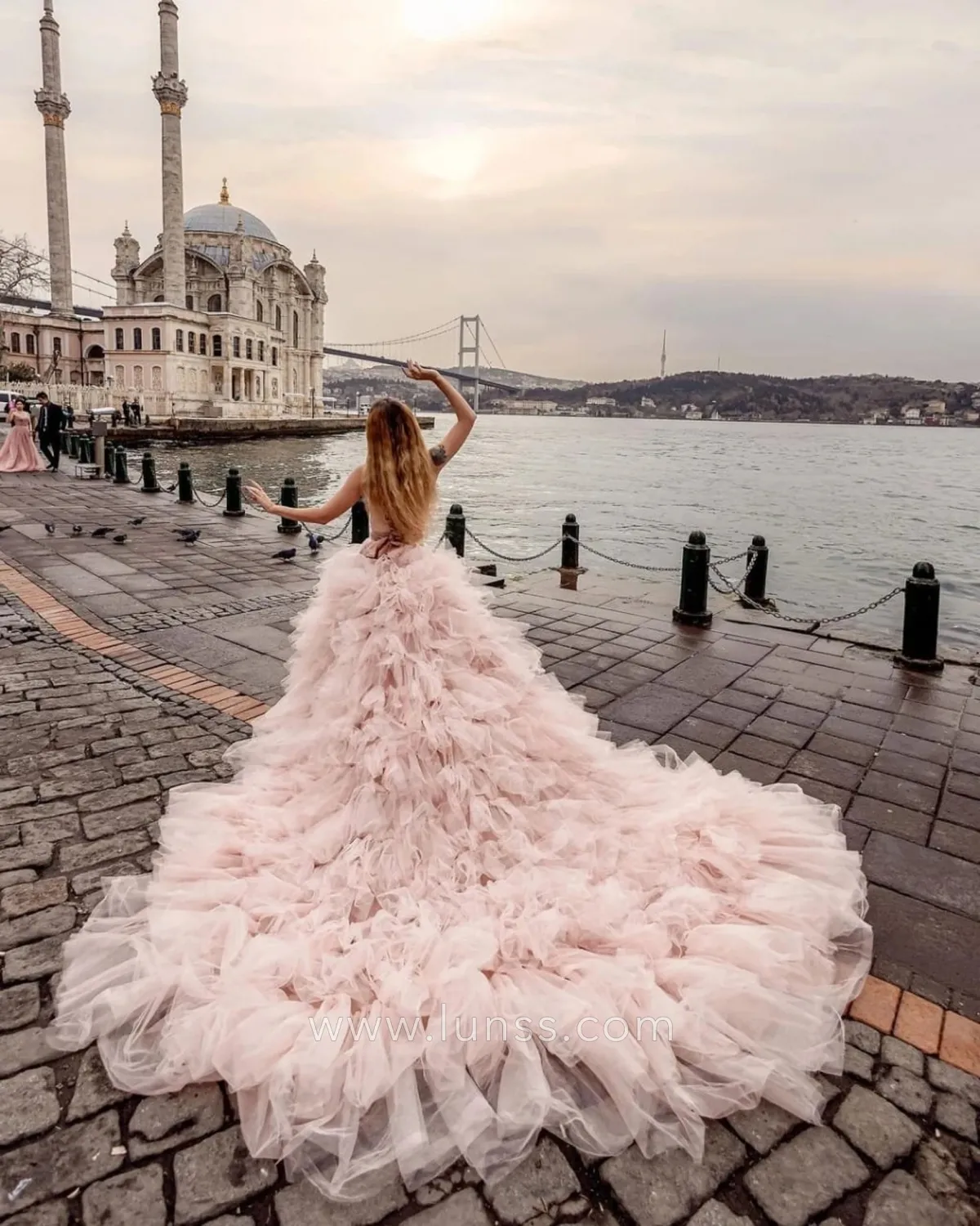 pearl pink ruffled tulle photoshoot dress