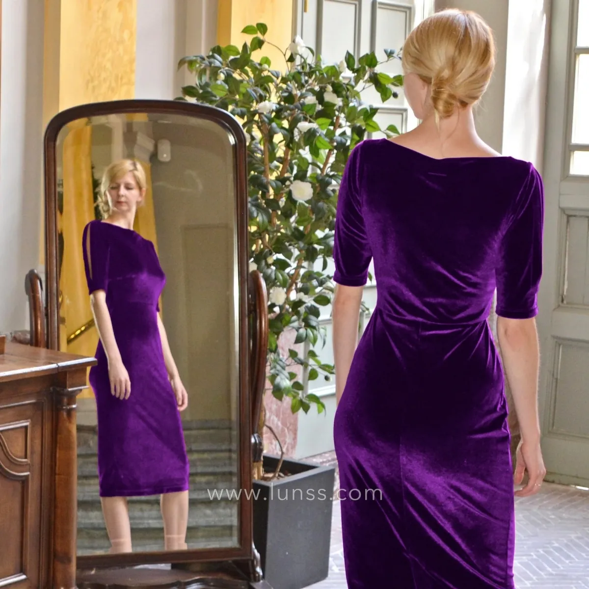 purple velvet tea length evening gown purple velvet tea length evening gown