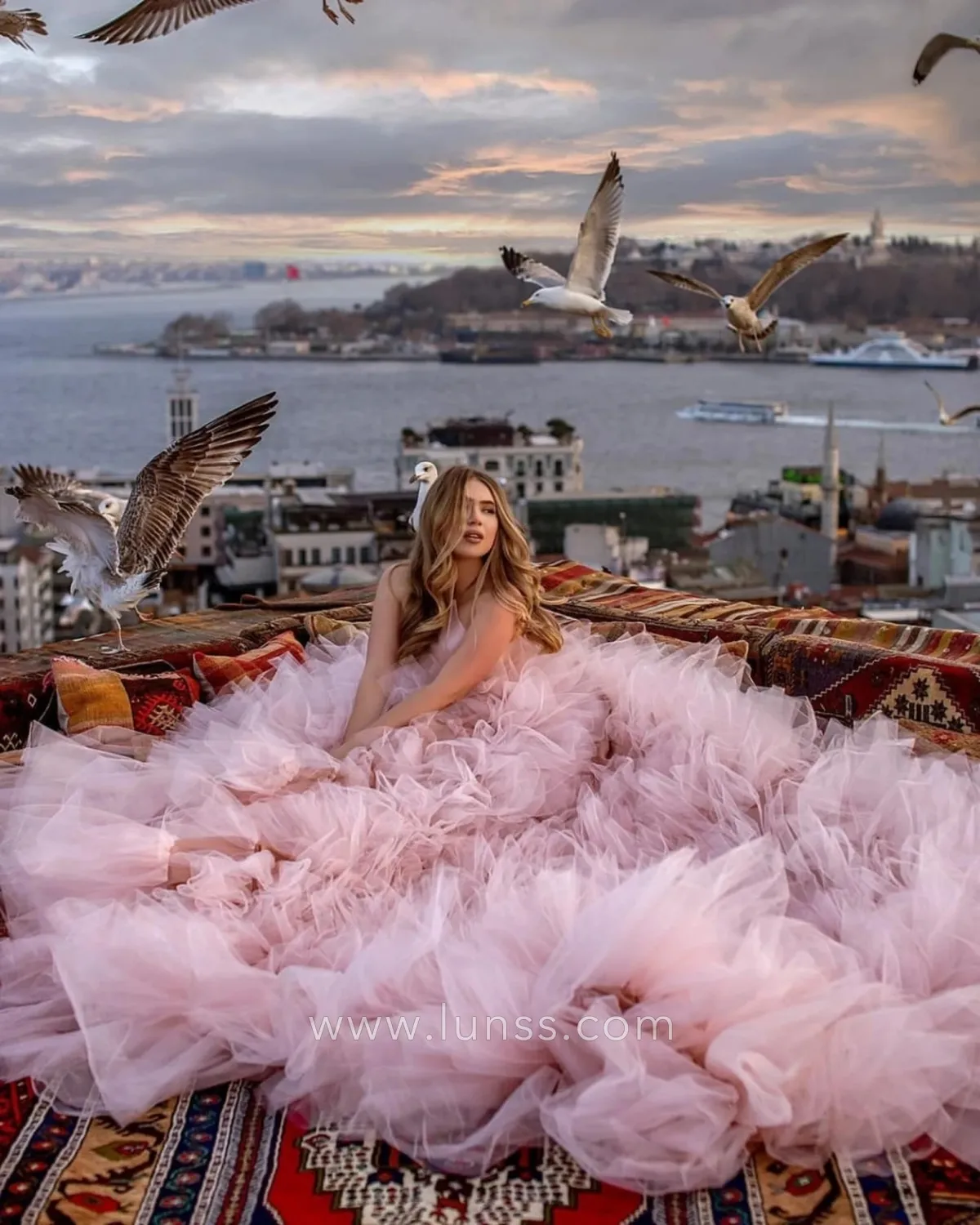ruffled pearl pink tulle flying photoshoot dress for engagement