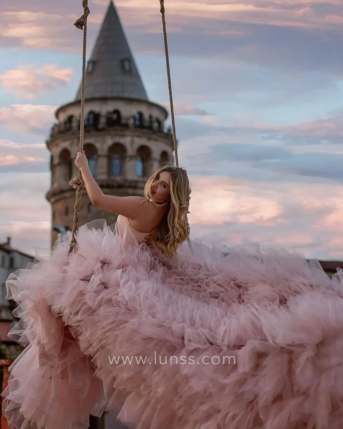 ruffled pearl pink tulle flying photoshoot dress for prom