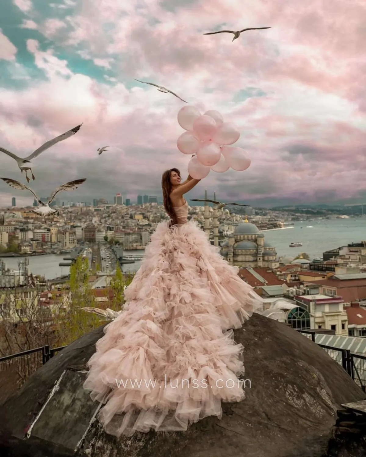 ruffled pearl pink tulle long train flying prom dress