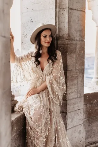 sparkly champagne tassel sequin boho photoshoot dress