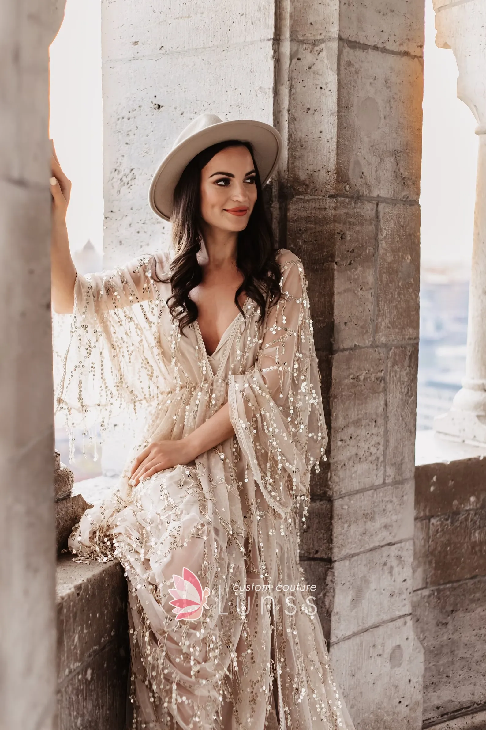 sparkly champagne tassel sequin boho photoshoot dress