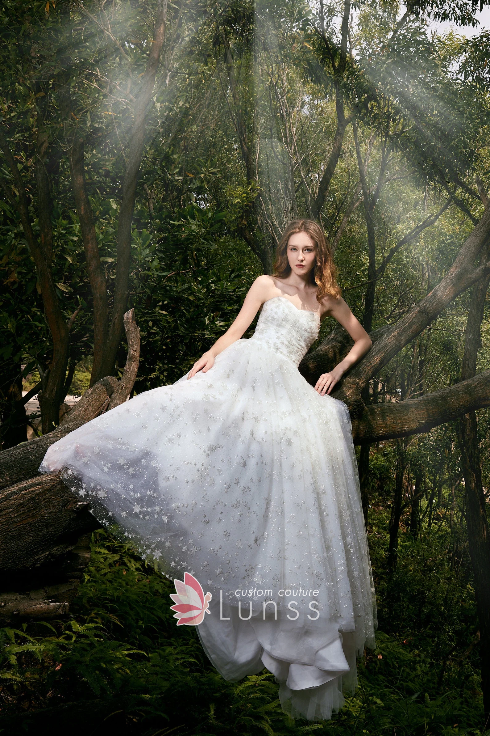 star glittering tulle strapless destination wedding dress