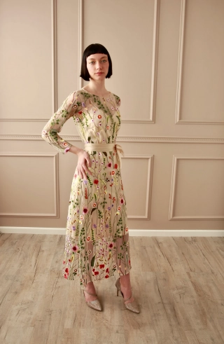 embroidered floral long sleeve maxi wedding guest dress