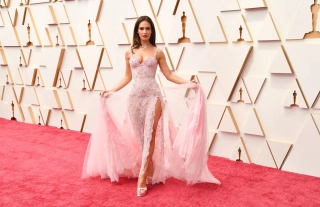 lily james pink red carpet prom dress at 2022 oscars