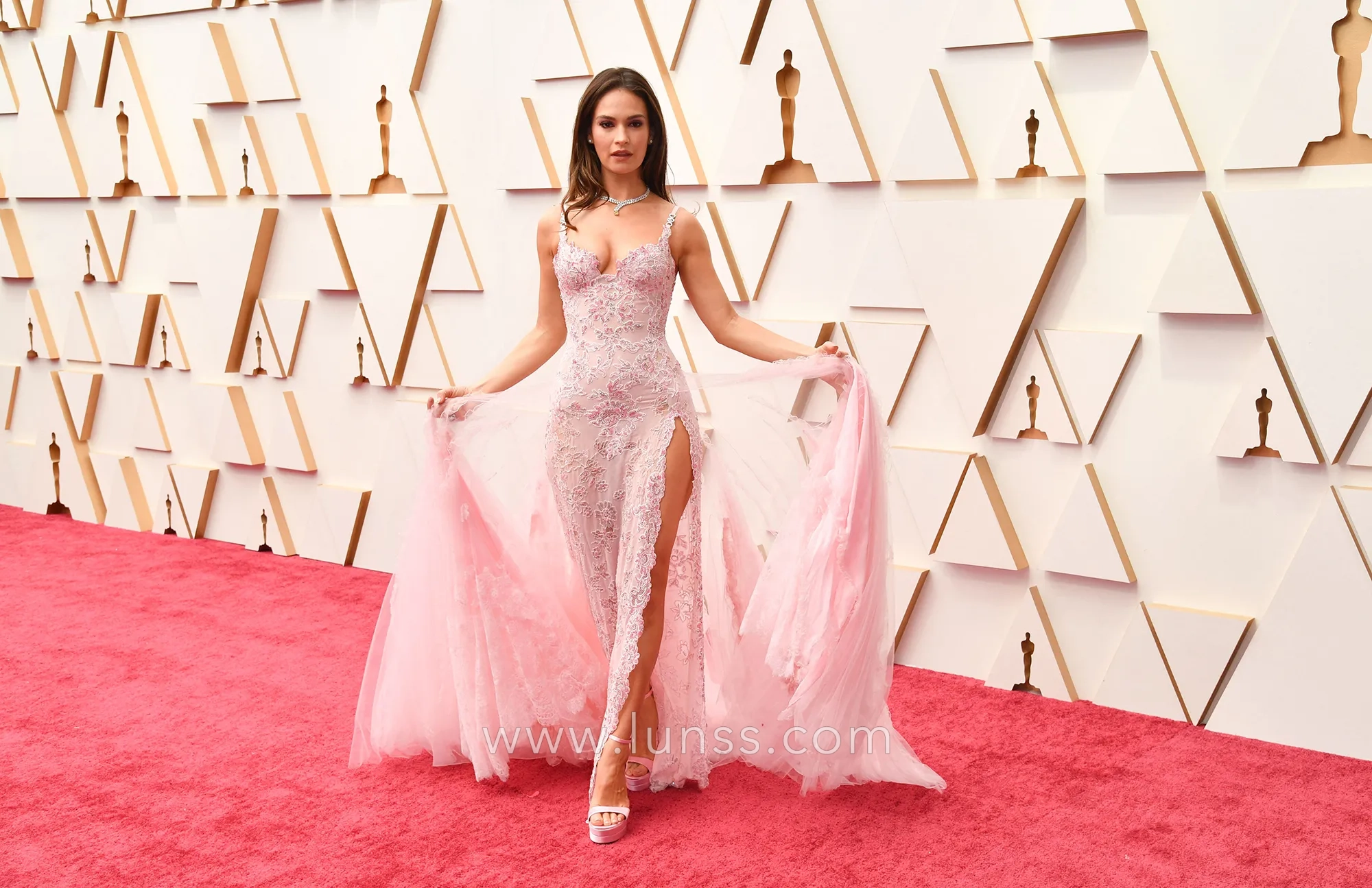 lily james pink red carpet prom dress at 2022 oscars
