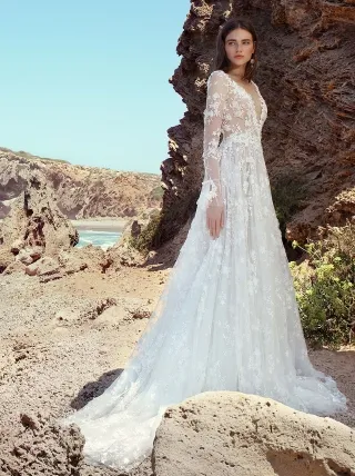 3d floral lace long sleeve sheer beach wedding dress