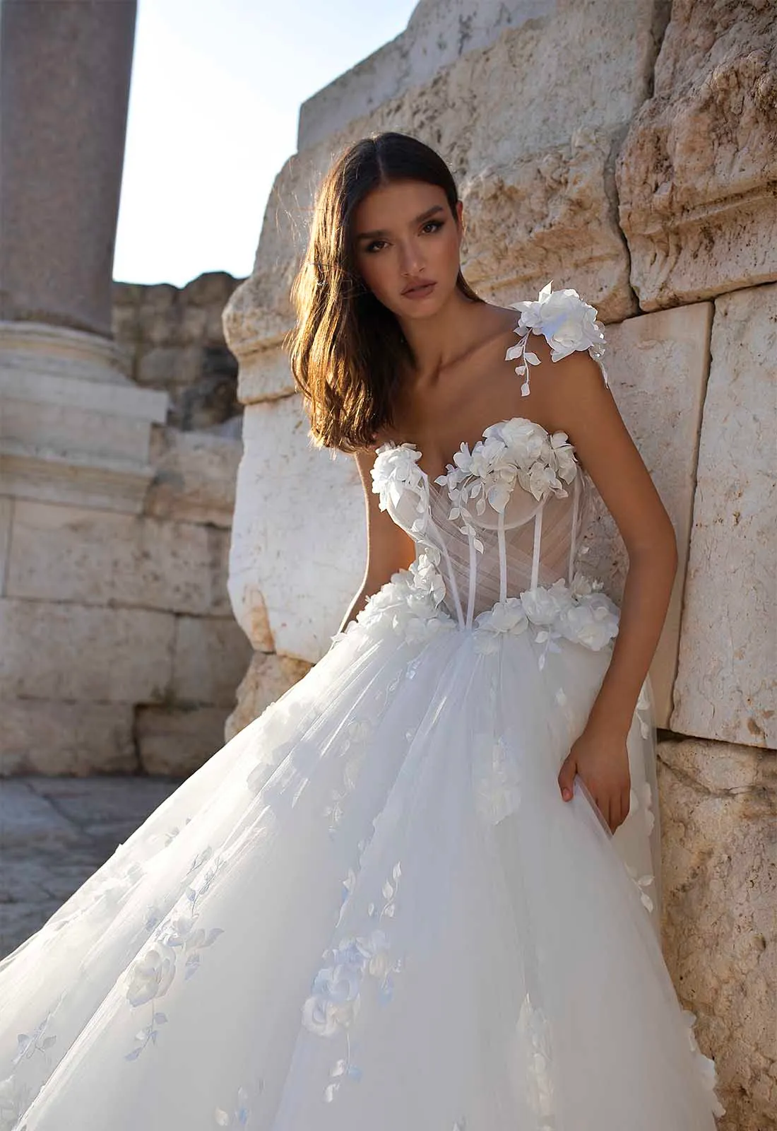 3d flower appliqued illusion corset princess wedding dress