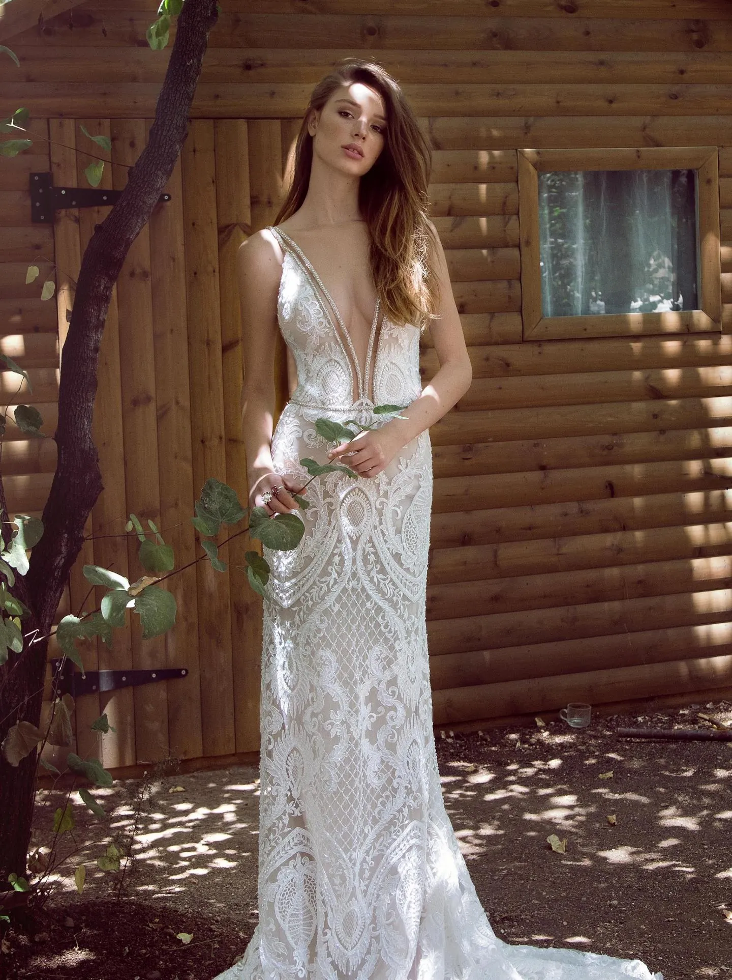 abstract lace crystals plunging neck summer wedding dress