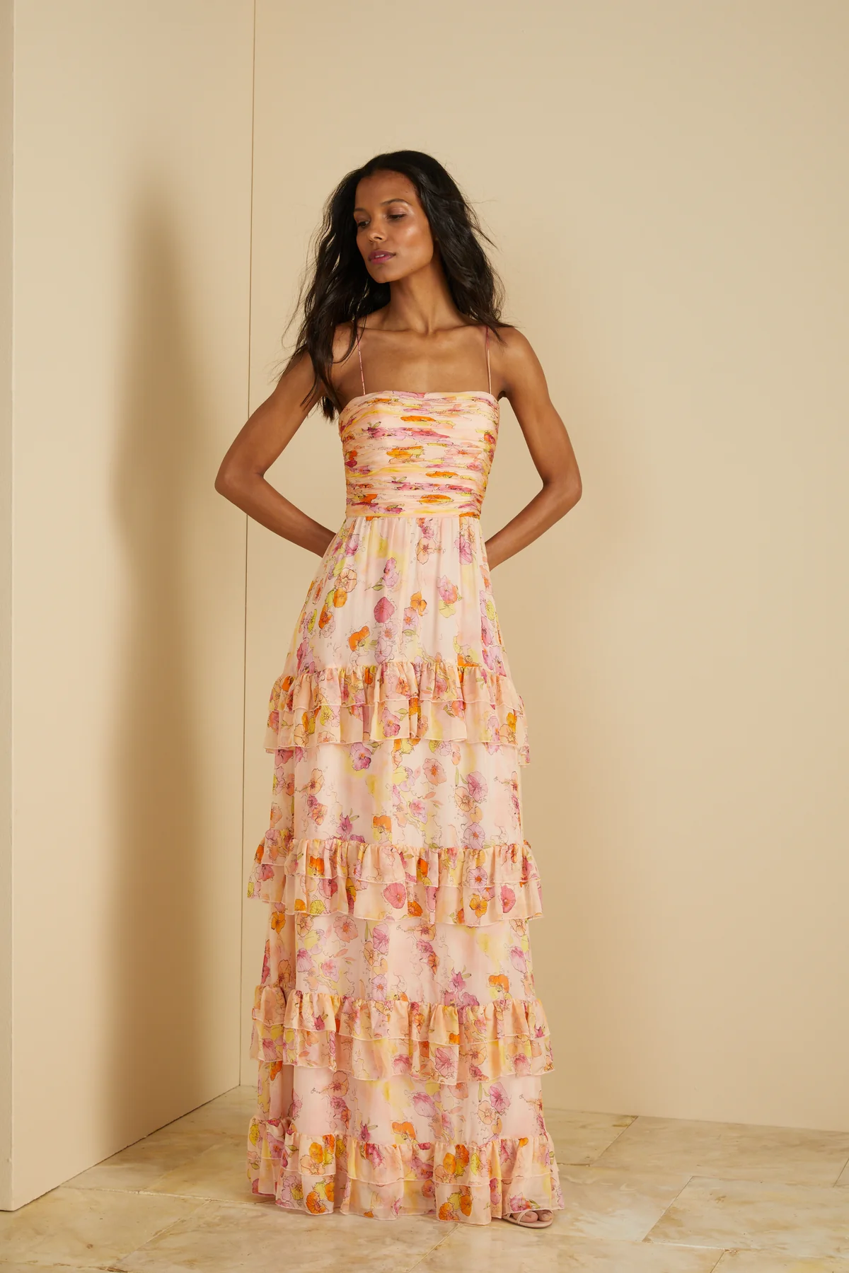 cute strapless tiered floral prom dress