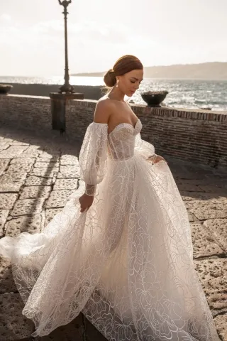 ethereal sequinned flower lace puff sleeve wedding dress