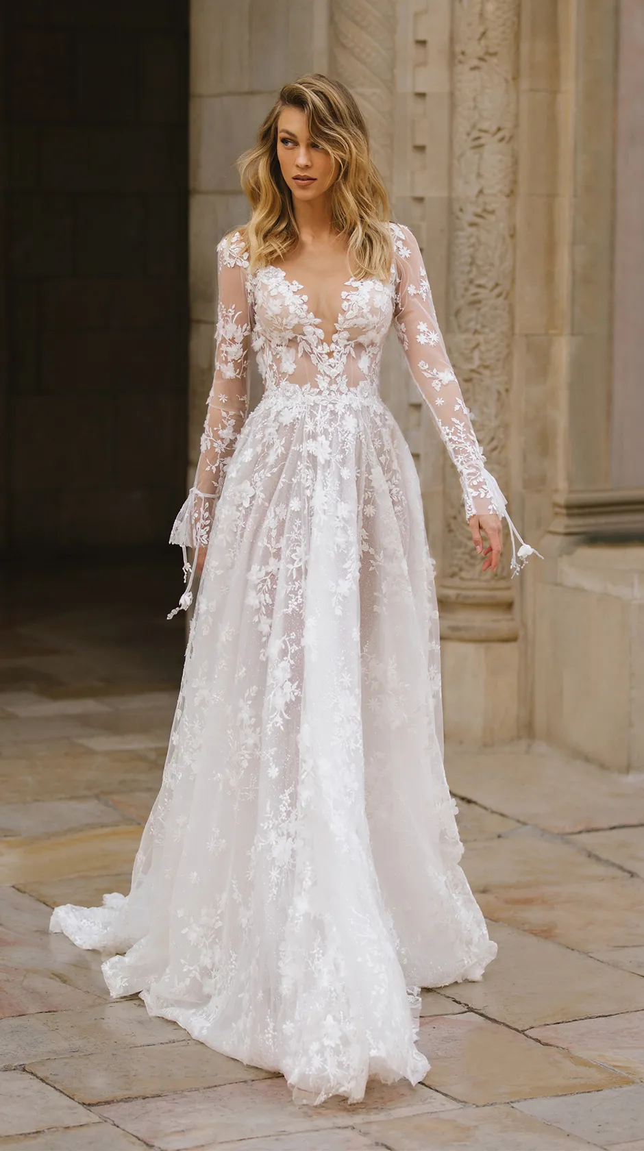 floral lace long sleeve A line wedding dress
