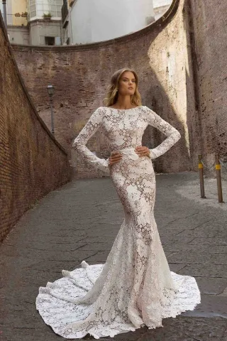full sheer flower lace long sleeve mermaid wedding dress