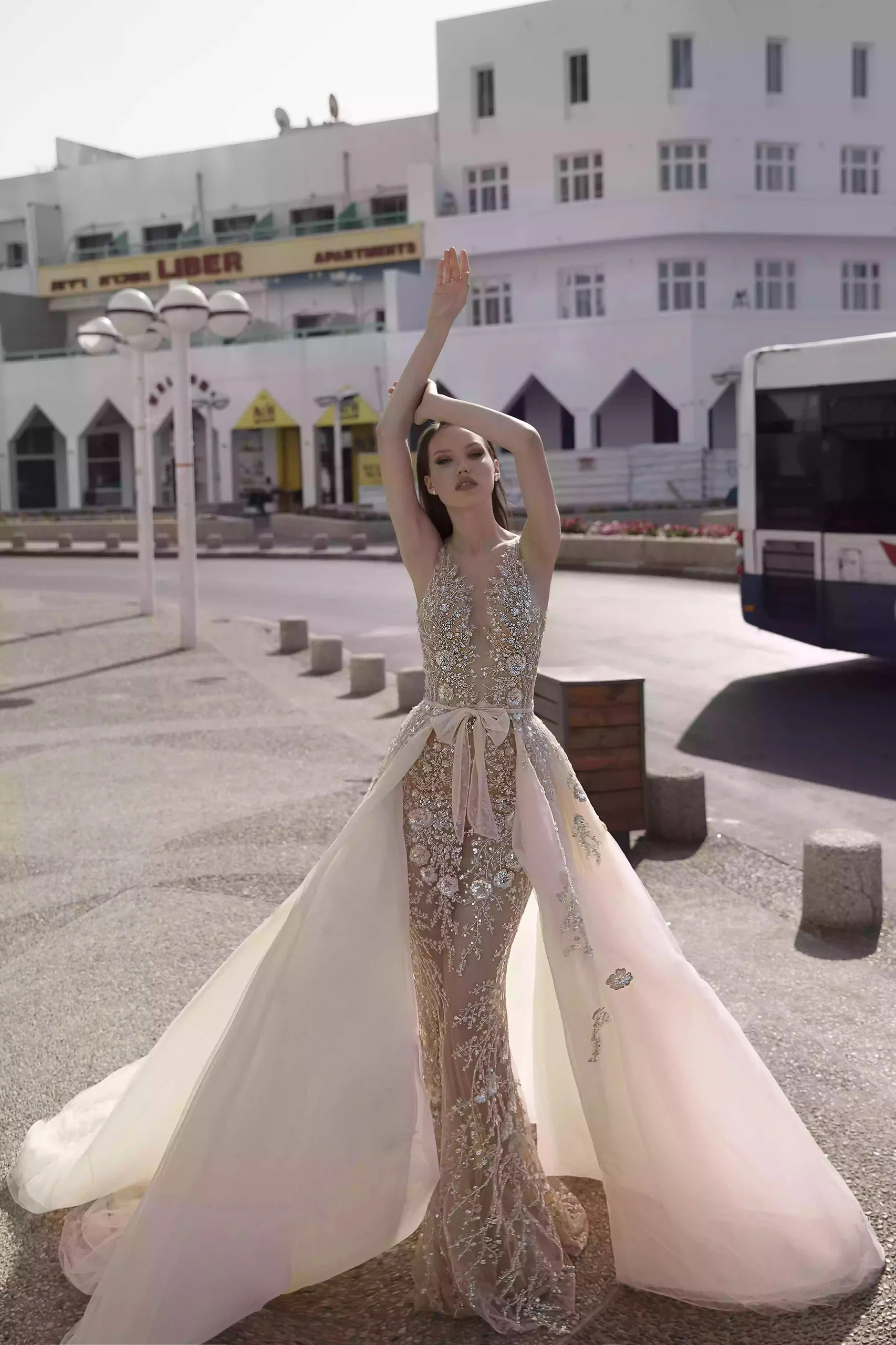 glamorous sequin floral sheer overskirt wedding dress