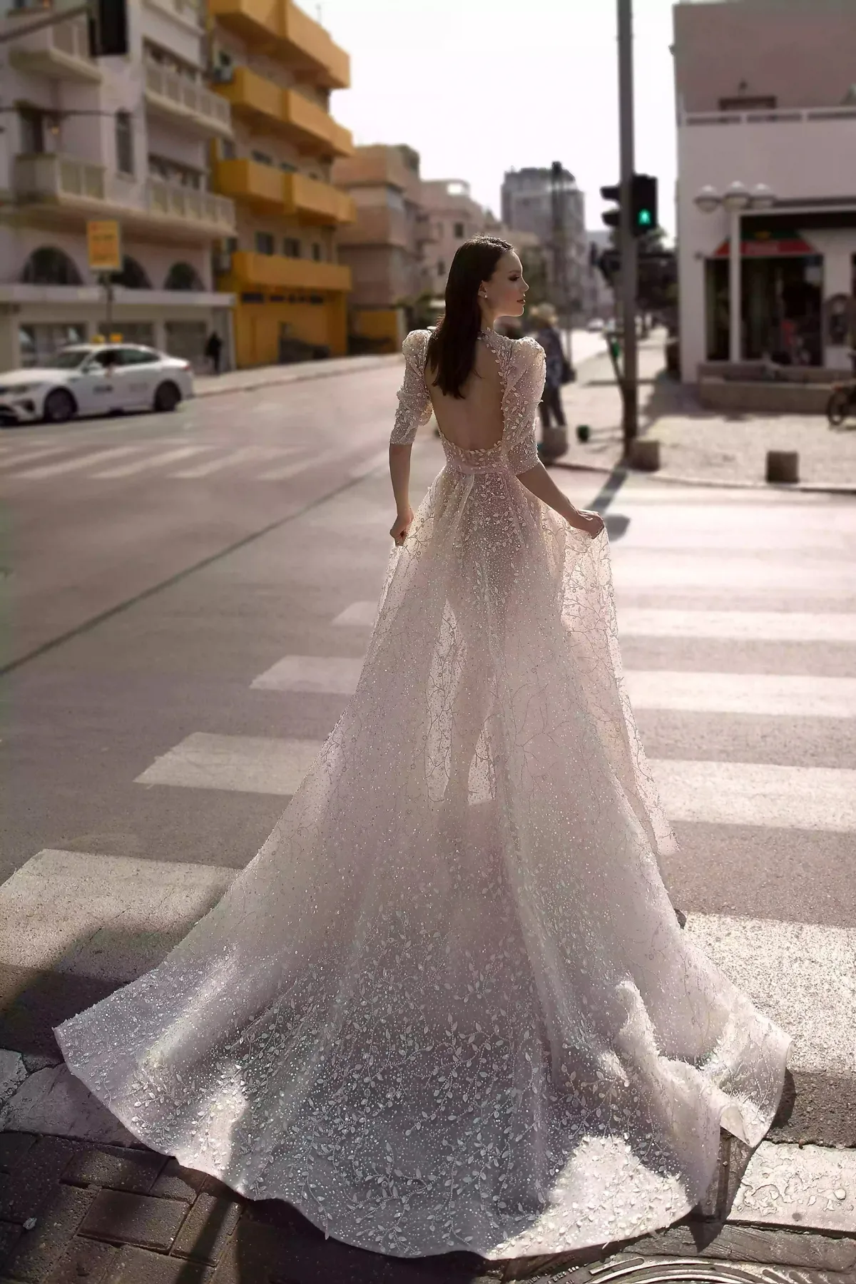 luxury sequinned leaf lace open back wedding dress