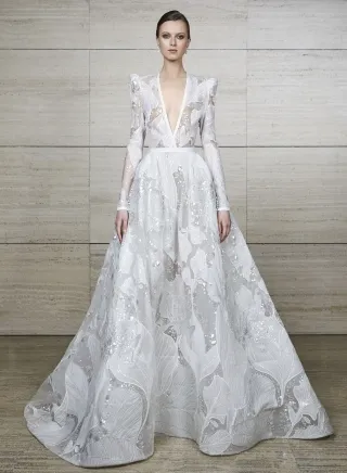 modern sequinned flower lace long sleeve wedding gown