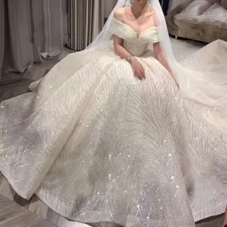 off shoulder sparkly wave sequinned lace wedding dress