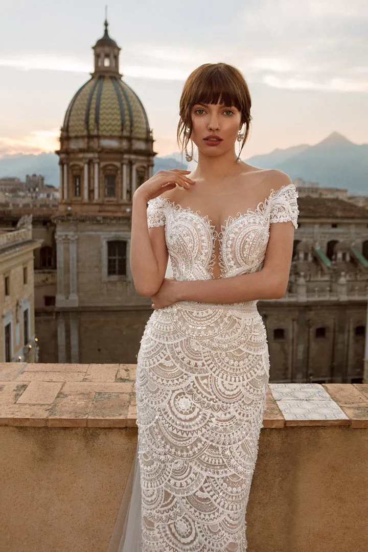 off the shoulder scalloped lace wedding dress