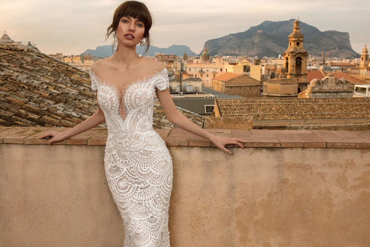 off the shoulder sequinned scalloped lace bridal dress