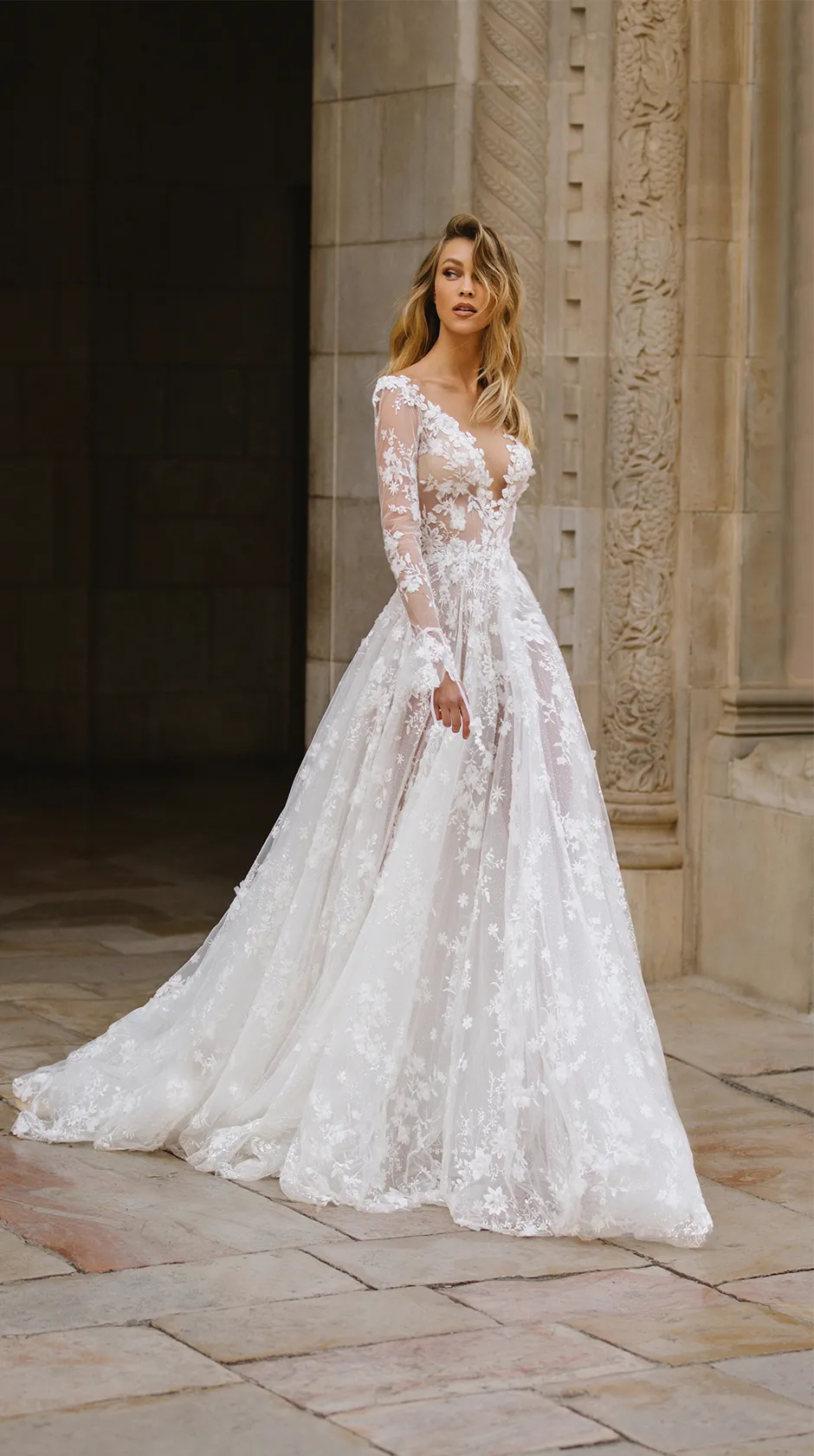 romantic floral lace A line long wedding dress