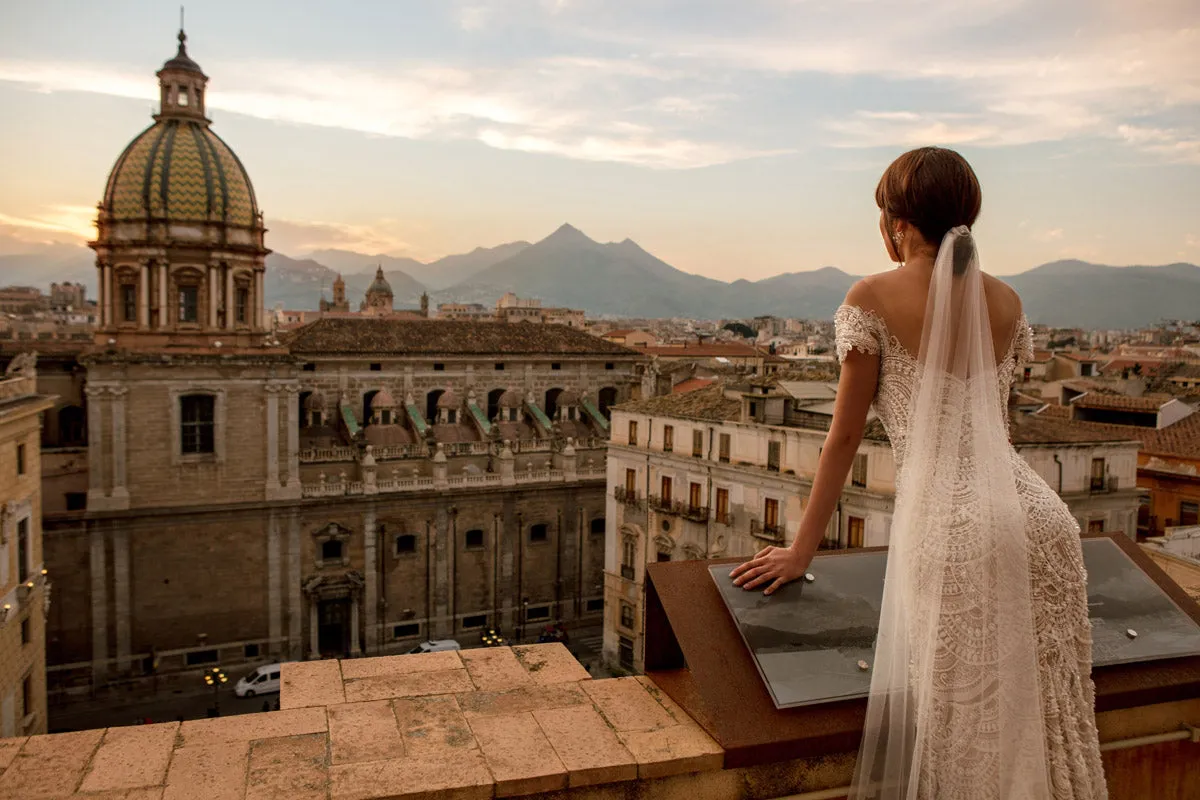 scalloped lace low back bridal dress