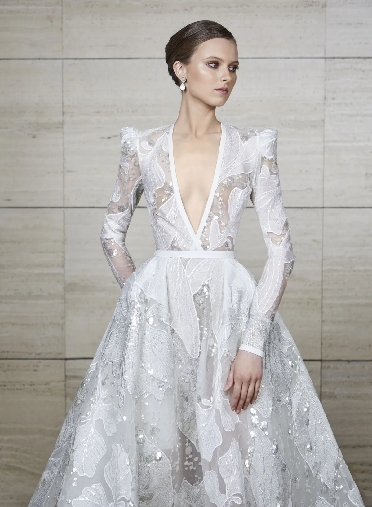 sequinned floral lace plunging wedding dress