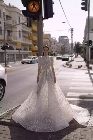 sequinned leaf lace elbow length sleeve puffy bridal gown