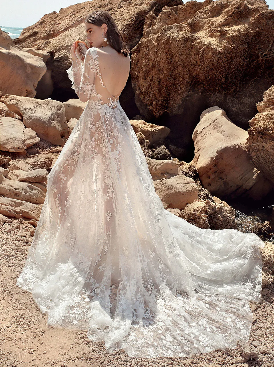 sheer floral lace low v back beach wedding dress
