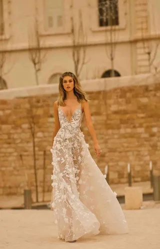 stunning 3d floral lace deep v neck sheer wedding dress