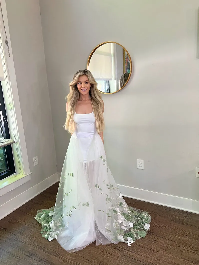 3d green and white flowers wedding overskirt 3d green and white flowers wedding overskirt
