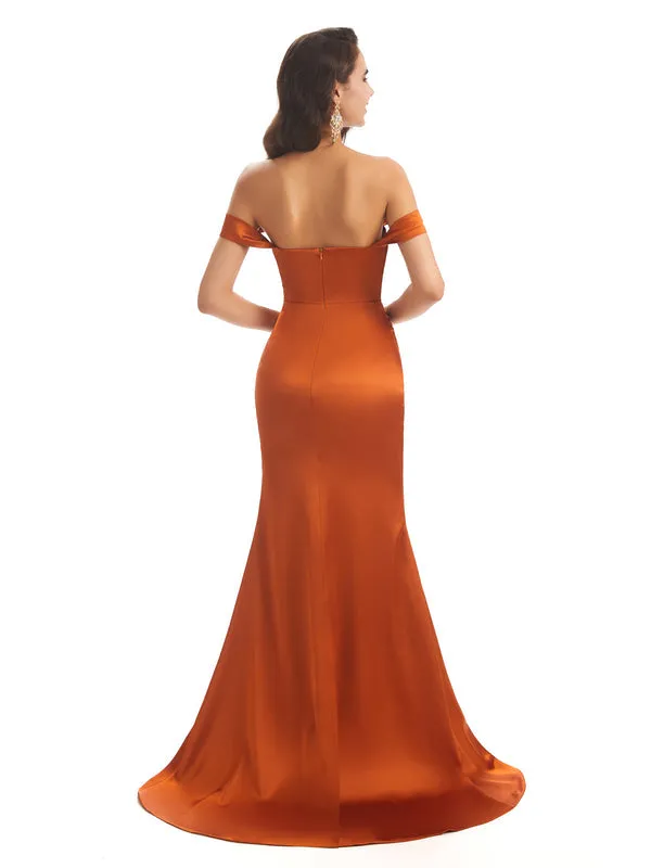 Halloween orange satin off shoulder bridesmaid dress Halloween orange satin off shoulder bridesmaid dress