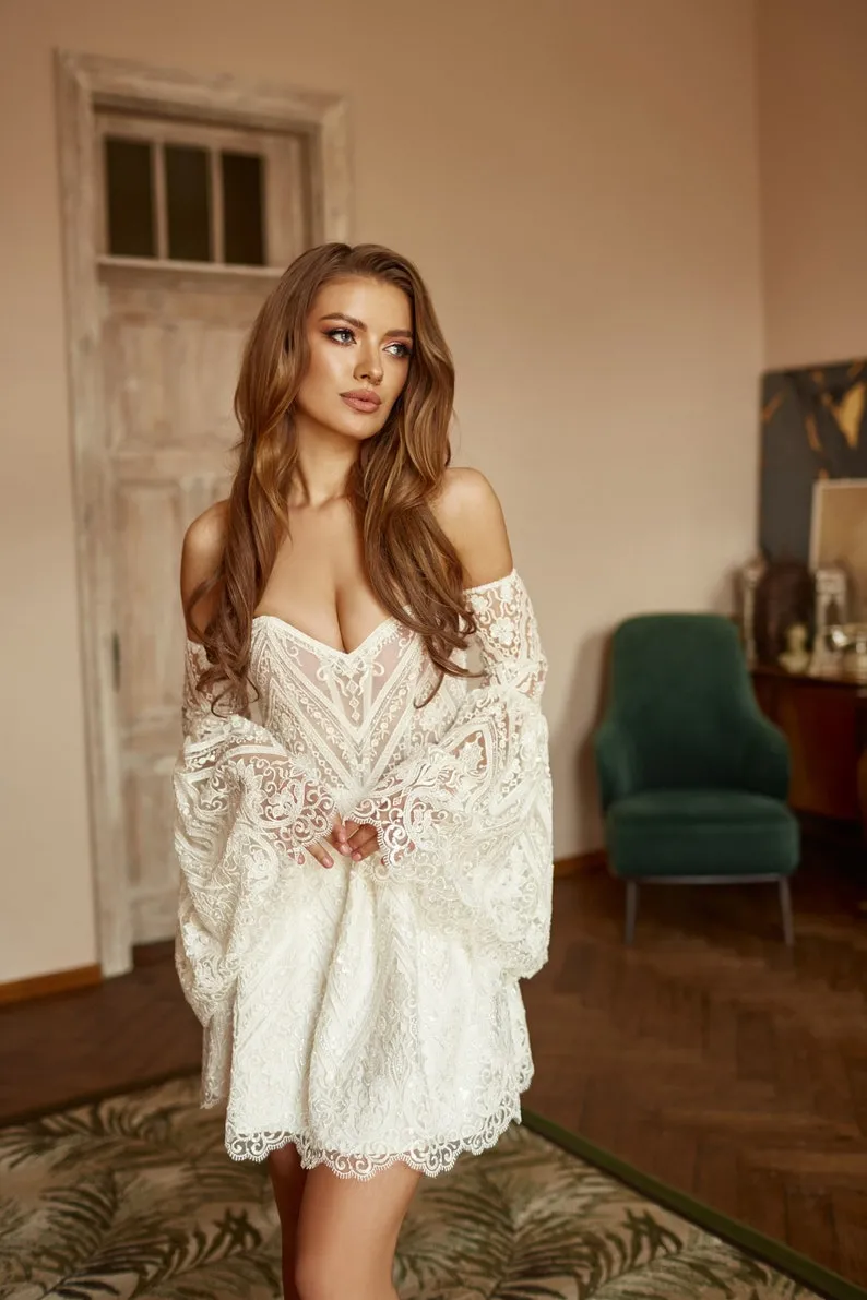 abstract lace bell sleeve short bridal dress