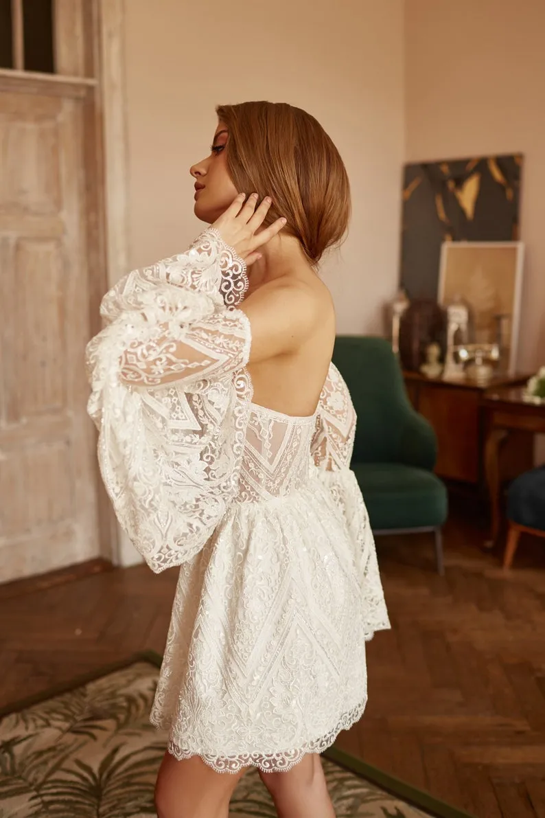 abstract lace bell sleeve short reception dress