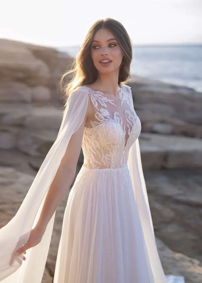 beaded chiffon caped sleeve bridal gown beaded chiffon caped sleeve bridal gown