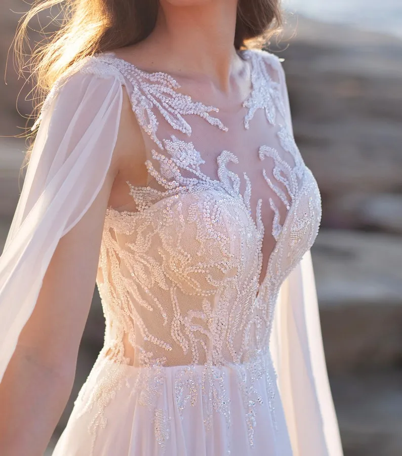 beaded sheer bodice caped sleeve wedding dress beaded sheer bodice caped sleeve wedding dress