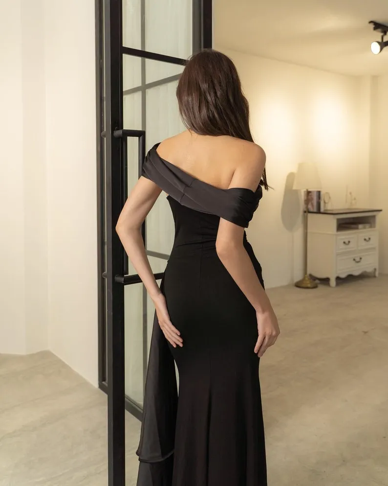 black satin off shoulder slim evening gown